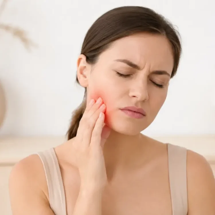 Woman with eyes closed pressing her reddened cheek, indicating facial pain or irritation on the right side of her face