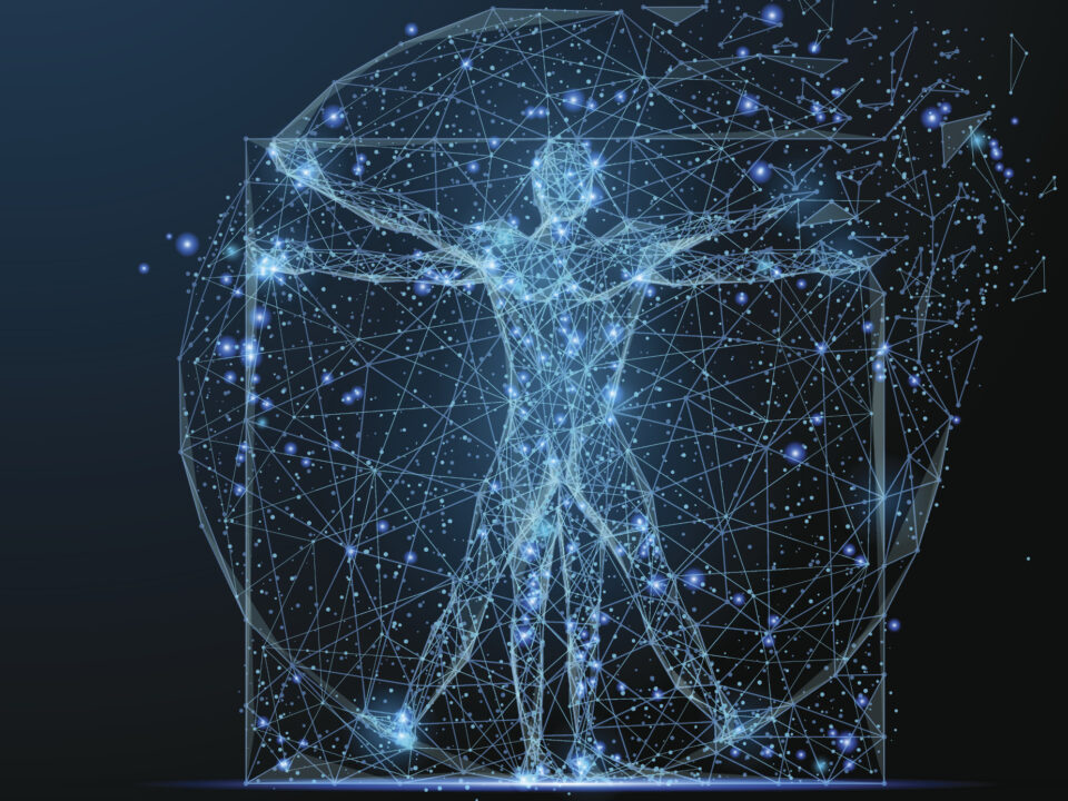 Abstract human figure formed by interconnected glowing lines and nodes inside a wireframe sphere, representing a data network concept.